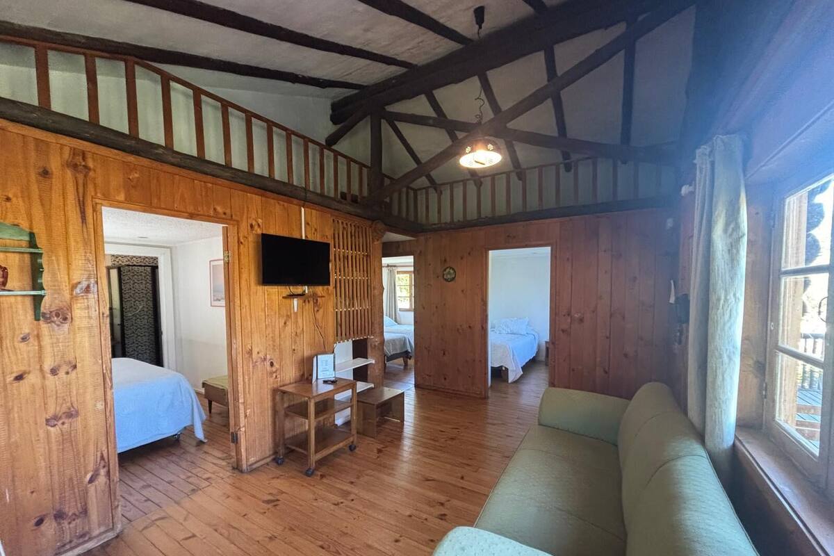 A rustic wooden room with a sofa, a TV, a desk, and a bed.