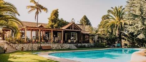 Piscine extérieure, chaises longues