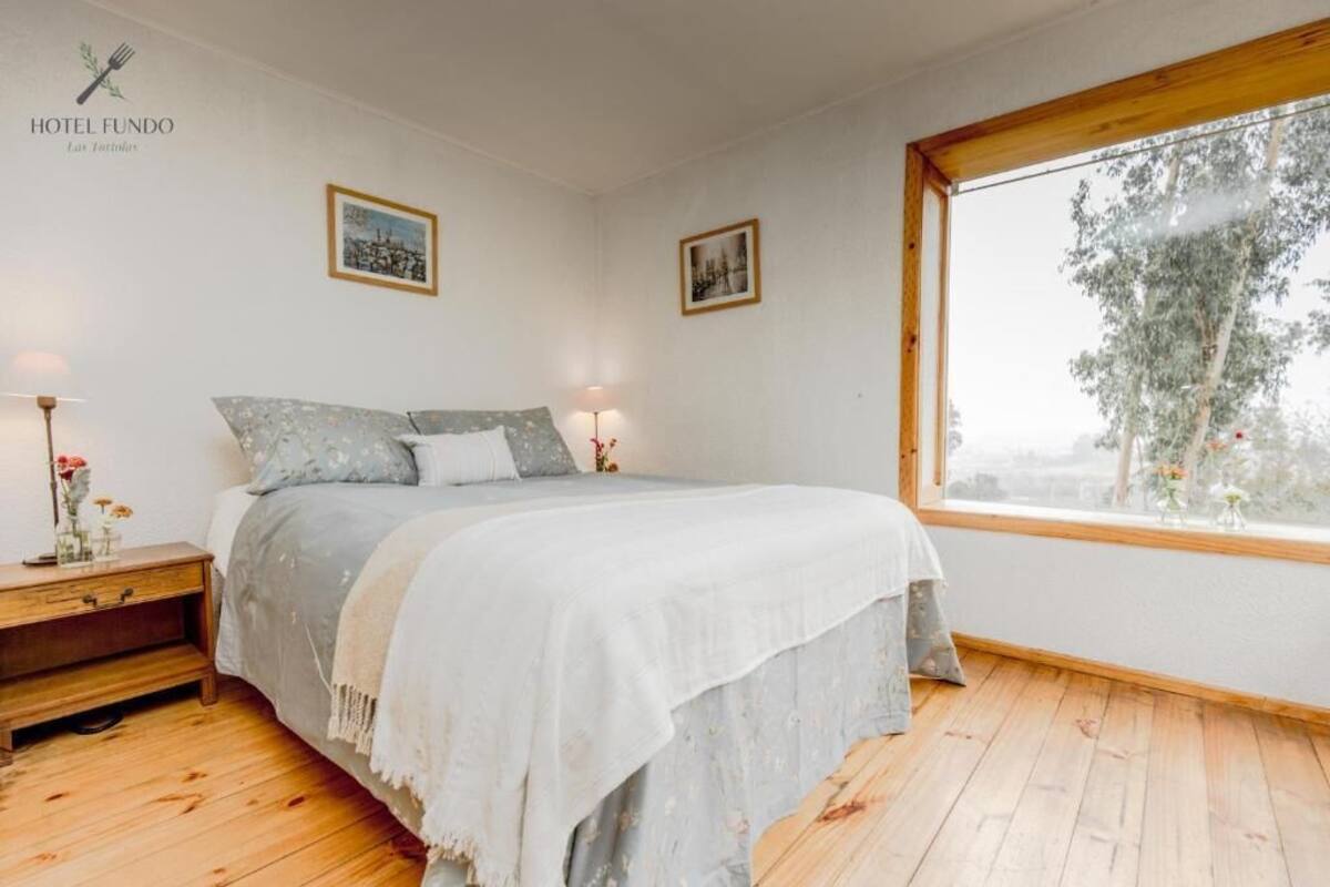 A bedroom with a wooden floor, a bed with a grey and white duvet, two bedside lamps, and a window with a view of trees.
