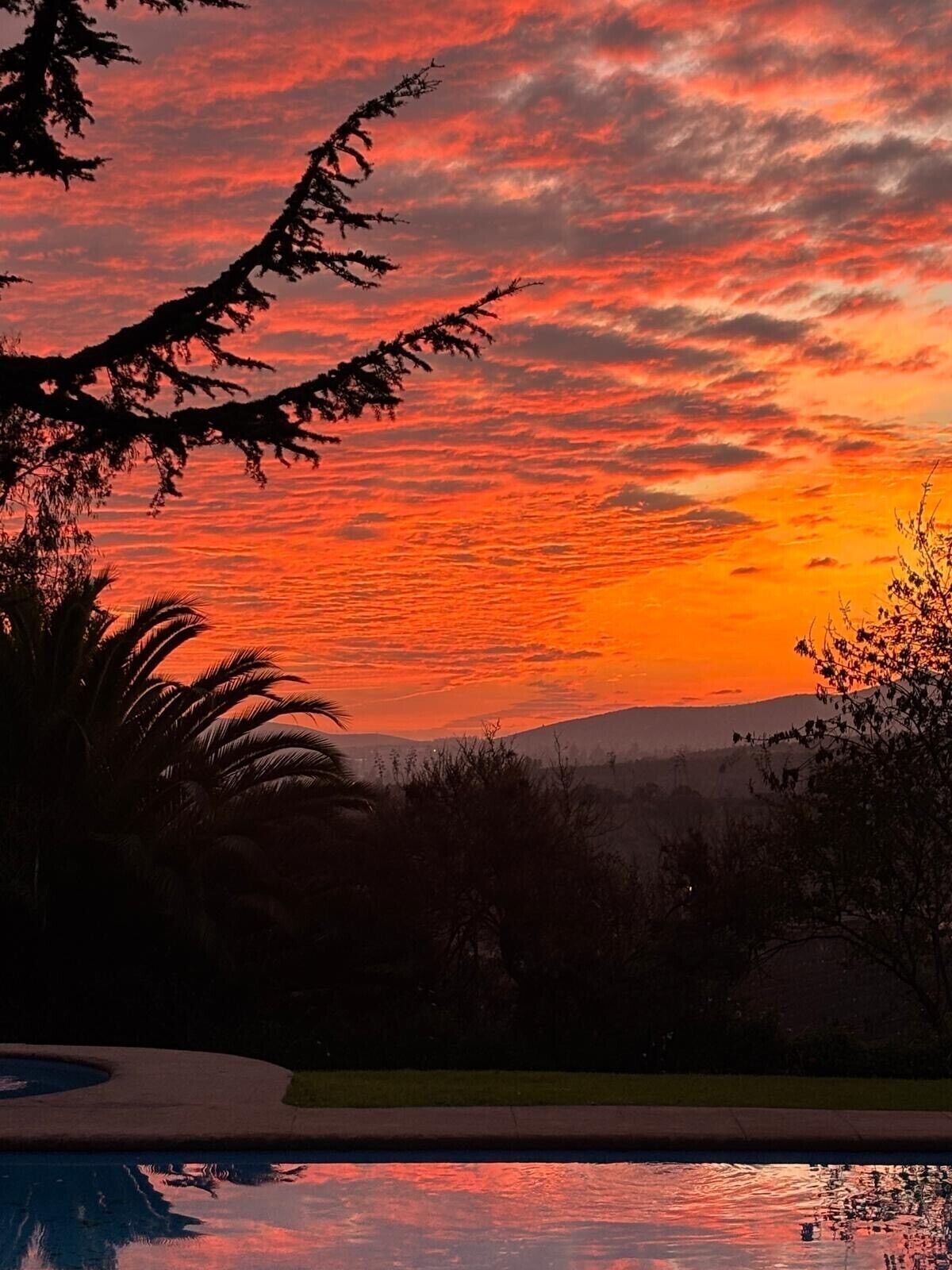 Vista al atardecer con piscina y árboles.