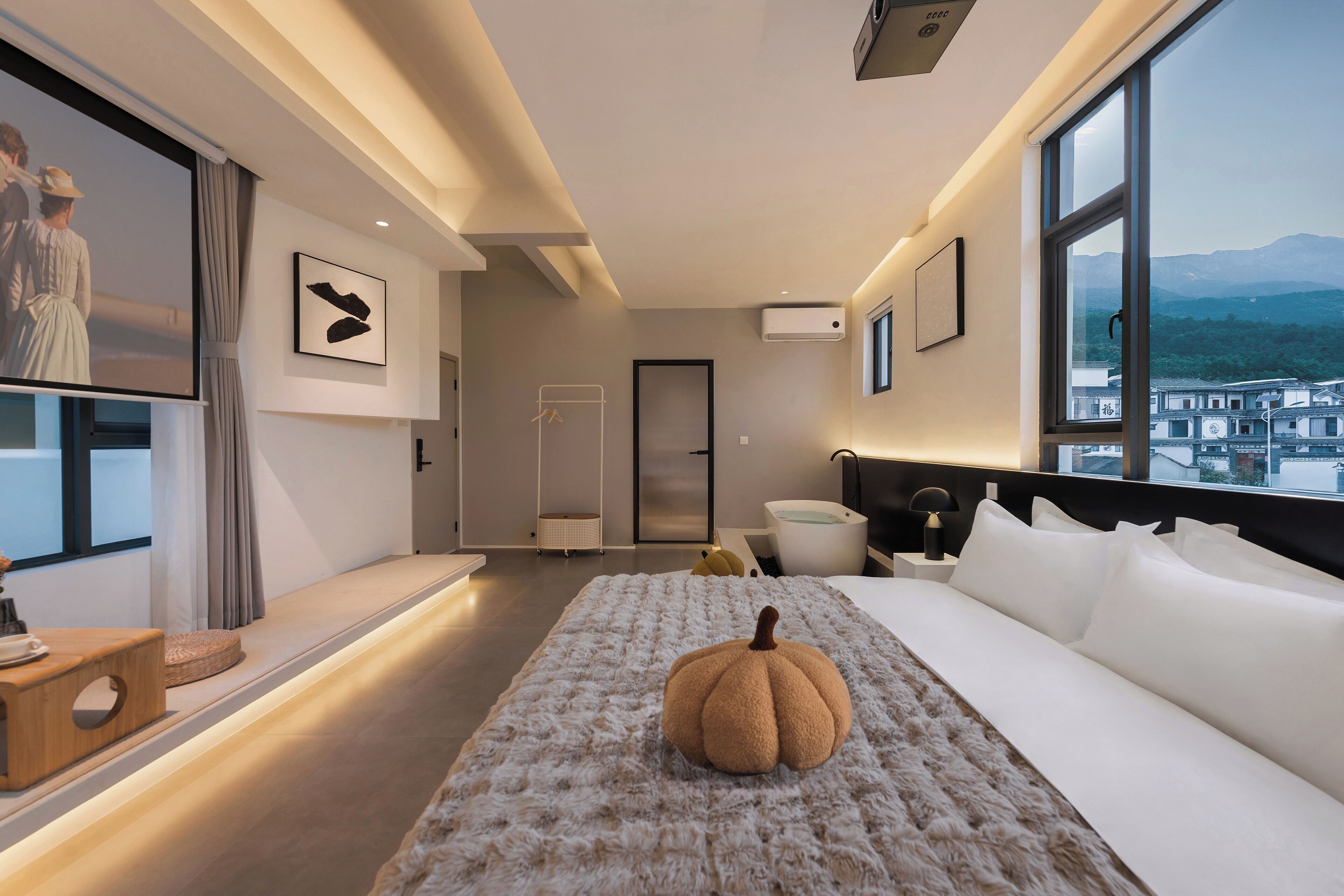 Desk, laptop workspace, blackout curtains, iron/ironing board