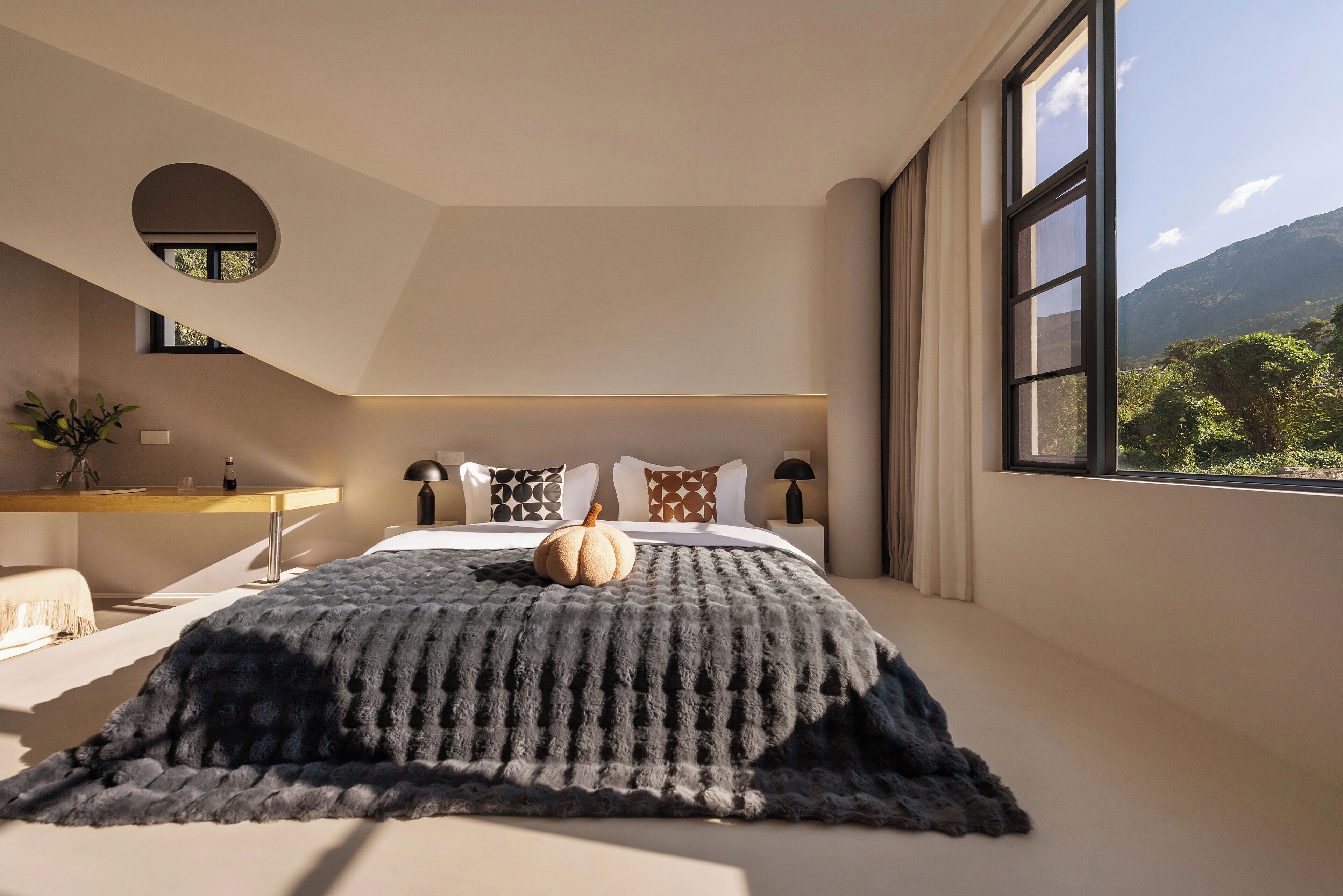 Desk, laptop workspace, blackout curtains, iron/ironing board