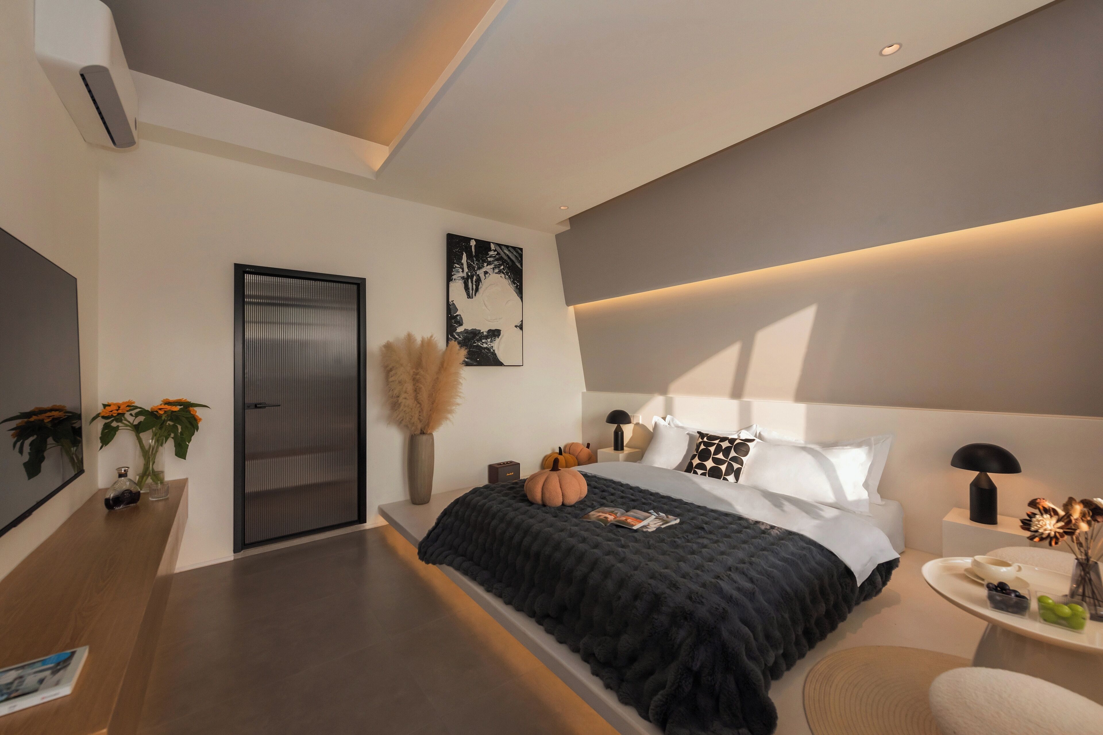 Desk, laptop workspace, blackout curtains, iron/ironing board