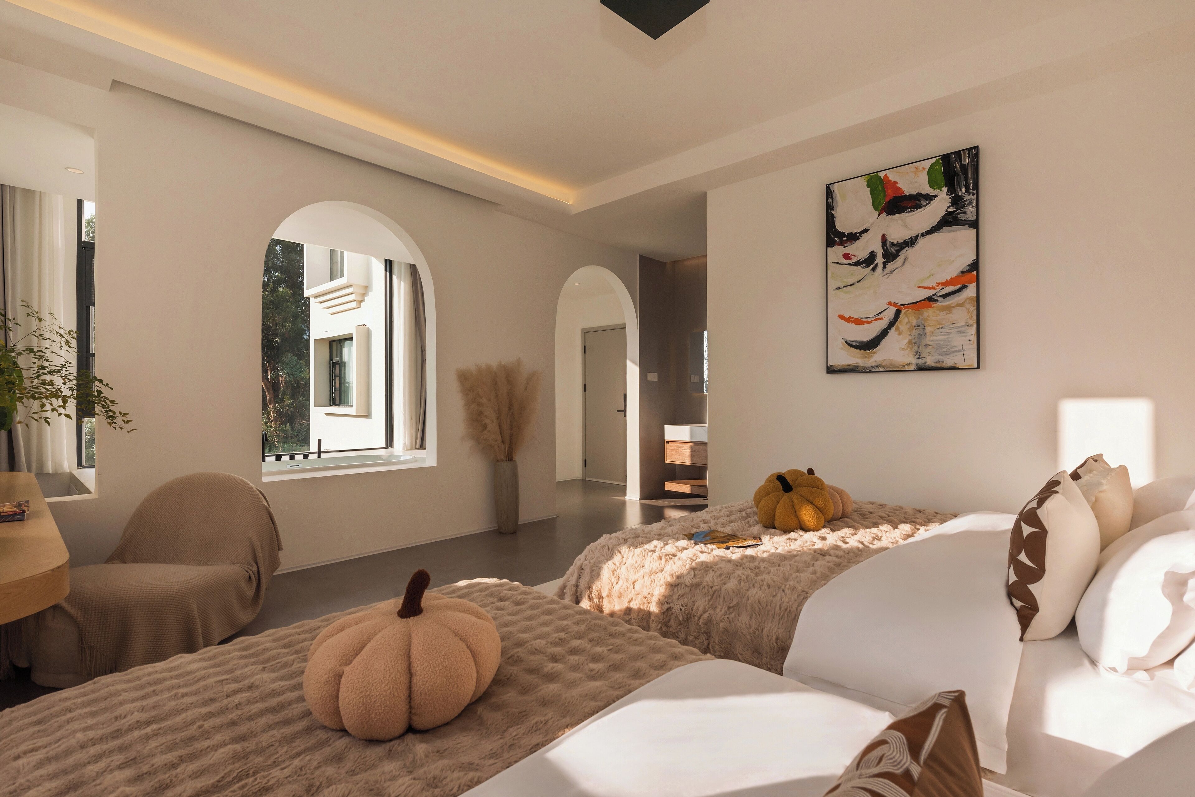 Desk, laptop workspace, blackout curtains, iron/ironing board