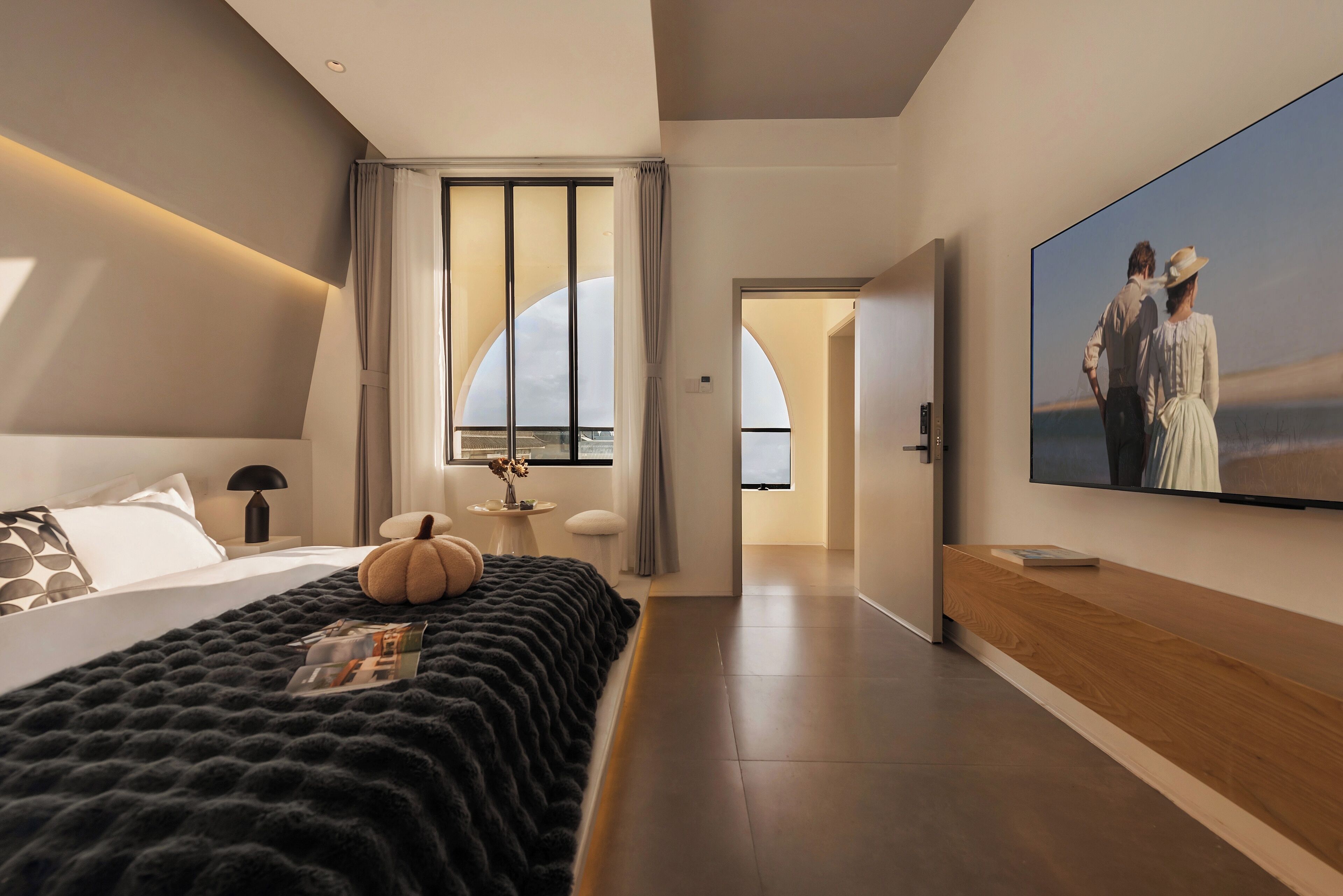 Desk, laptop workspace, blackout drapes, iron/ironing board