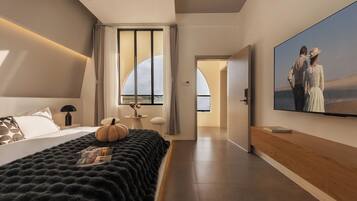 Desk, laptop workspace, blackout drapes, iron/ironing board