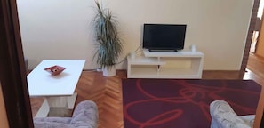 Un salon avec un meuble TV blanc, une plante en pot et un tapis rouge à motifs.