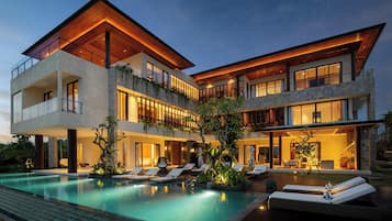 Outdoor pool, pool umbrellas, pool loungers