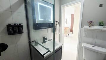 Shower, hair dryer, towels, shampoo