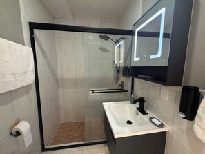 Chuveiro, secador de cabelo, toalhas de banho, shampoo
