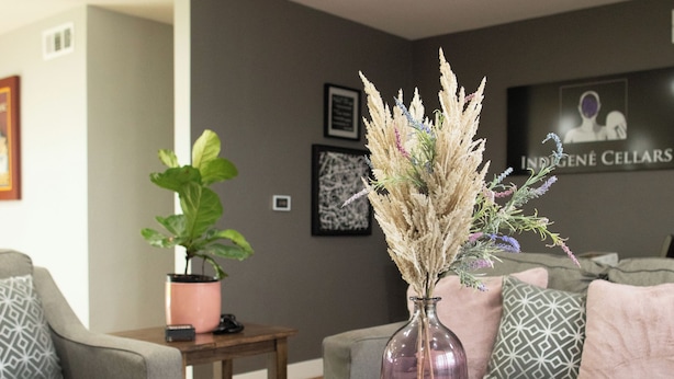 A living room with a wooden coffee table, a potted plant, and a vase with dried flowers. - 3-bedroom house in pleasant Paso Robles with cool vibes (Paso Robles)