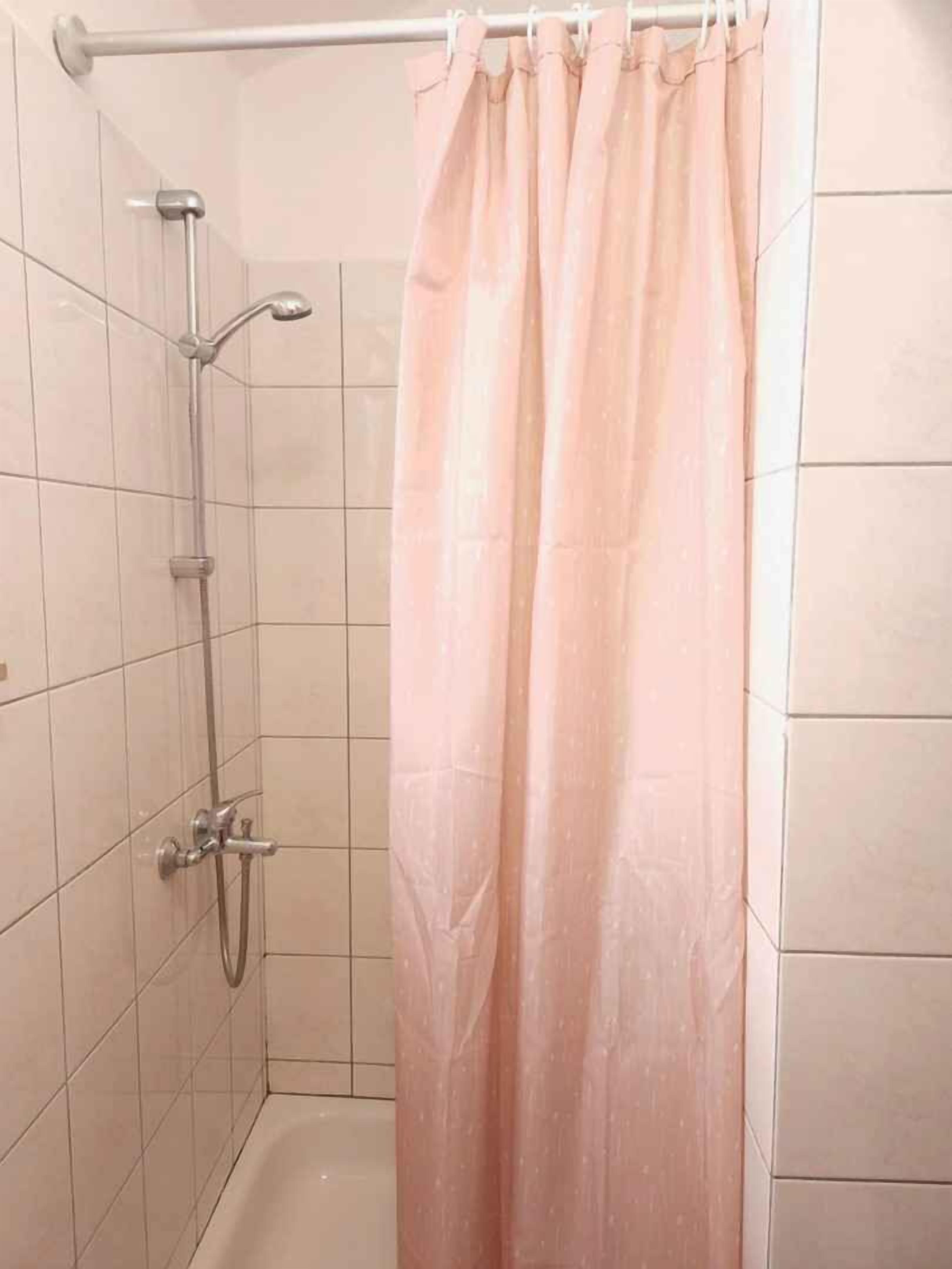 A shower area with a curtain, a handheld showerhead, and a wall-mounted faucet.
