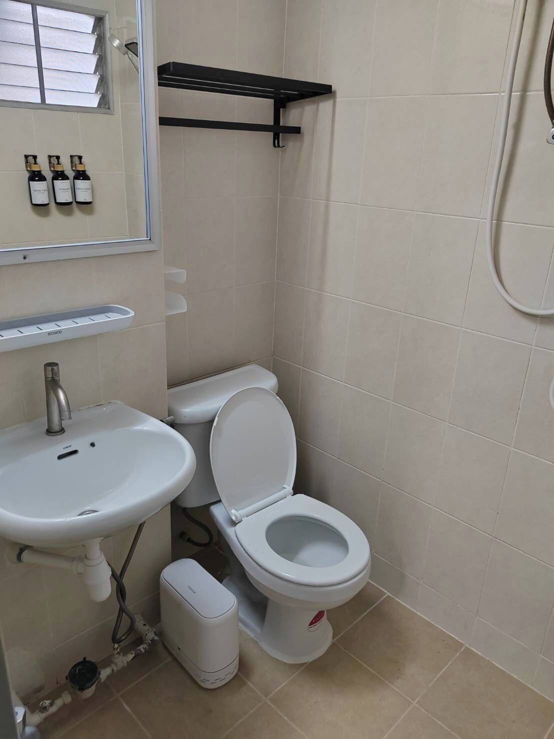 A bathroom with a toilet, sink, and a shelf with toiletries.