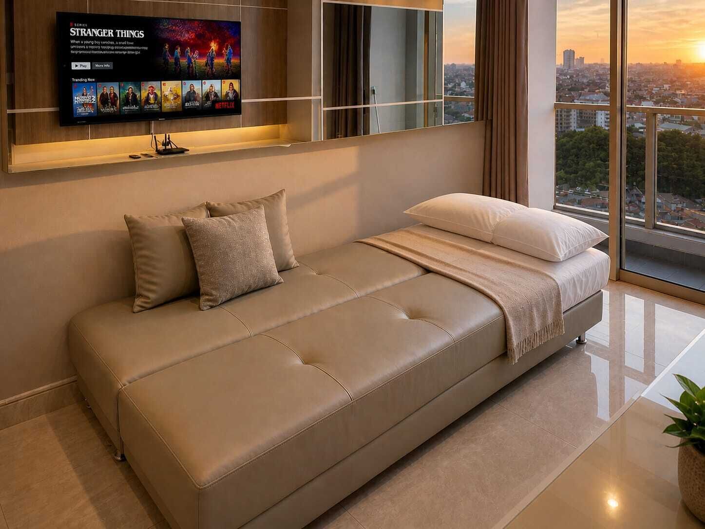 A modern bedroom with a sofa bed, a TV mounted on the wall, and a city view.