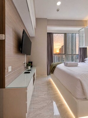 Apartemen, 2 kamar tidur, pemandangan kota | Meja kerja, setrika/meja setrika, dan Wi-Fi gratis