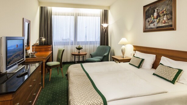 Une chambre d’hôtel avec un lit, un bureau avec une télévision, une chaise, une petite table avec un vase et un tableau au mur.