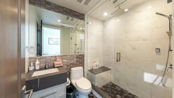 Shower, hair dryer, towels, soap