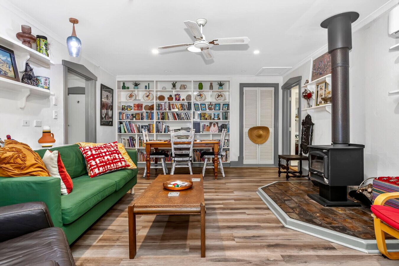 TV, fireplace, books