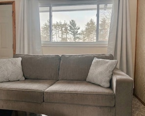 Un sofá color beige con dos cojines estampados, una ventana con vista a árboles y una puerta a la izquierda.
