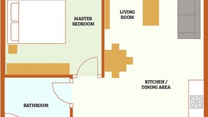A floor plan with a master bedroom, living room, kitchen/dining area, bathroom, and a hot tub. - Little Dunley Cottages - Hazel (Bovey Tracey)