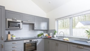 Une cuisine moderne avec des meubles gris, un four encastré, un four à micro-ondes et une fenêtre donnant sur l’extérieur.