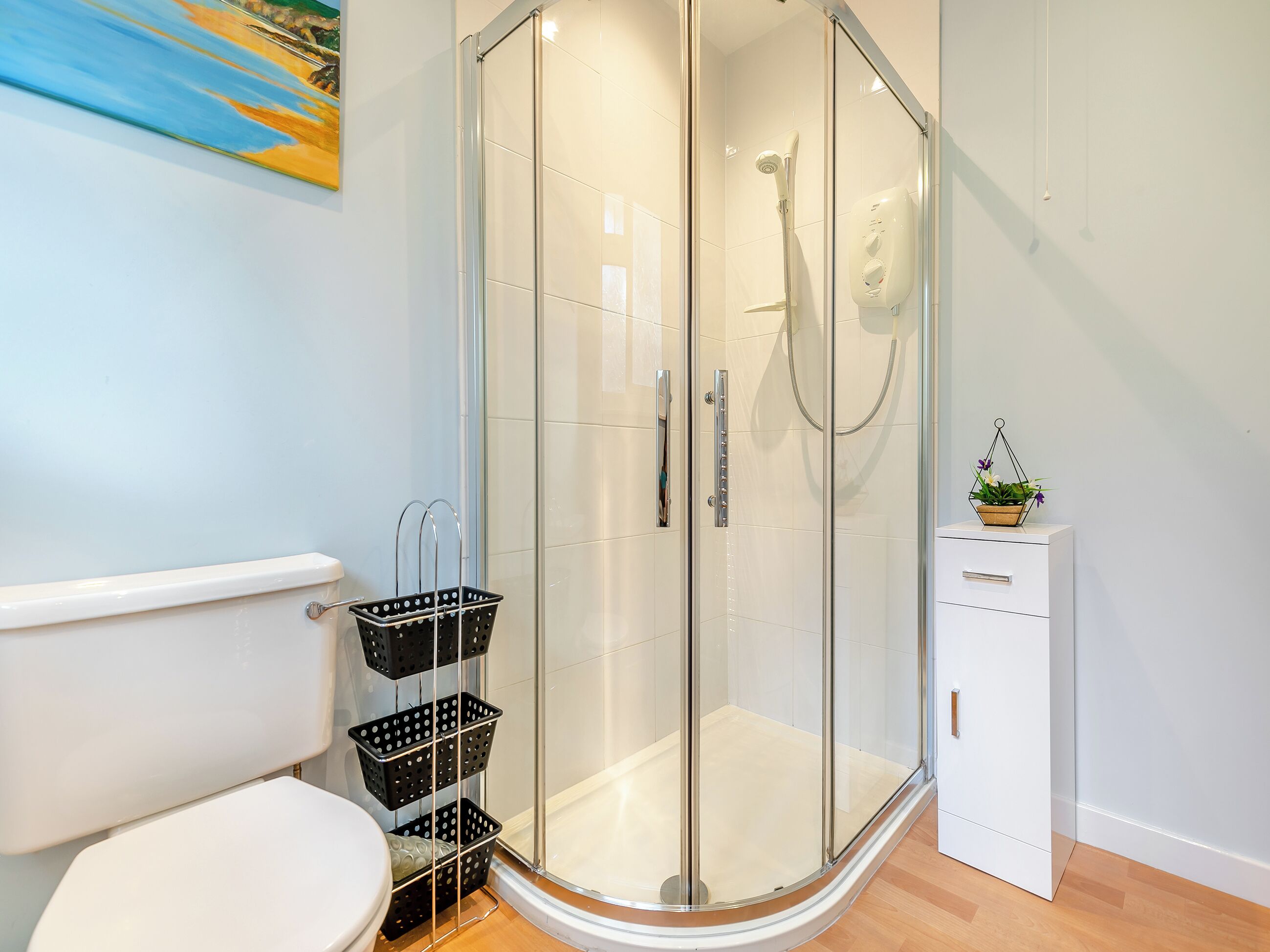 A modern bathroom with a glass-enclosed shower, a toilet, and a small cabinet with a plant.
