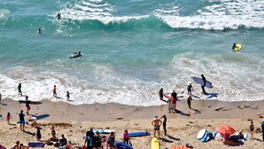 Una playa con gente surfeando y nadando, y varios botes de surf sobre la arena.