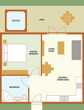 A floor plan with a master bedroom, living room, kitchen/dining area, bathroom, and a hot tub. - Little Dunley Cottages - Willow (Bovey Tracey)