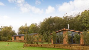 A modern wooden cabin with a glass facade, surrounded by a well-maintained lawn and dense trees.