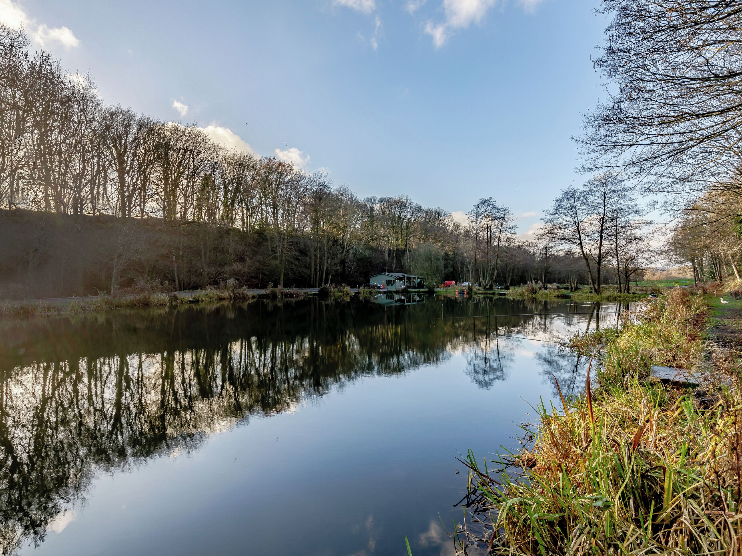 A calm river with reflections of trees and a small house by the water.