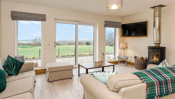 Un salón con sofá, reposapiés, televisor, chimenea y ventanas grandes con vistas a un paisaje verde.