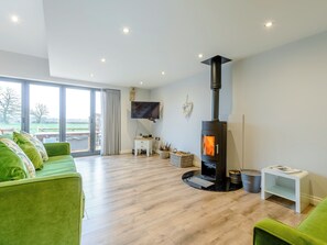 A modern living room with a large window, a green sofa, a black wood-burning stove, and a flat-screen TV.