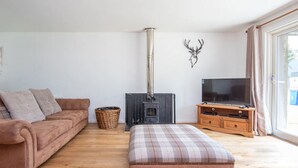 A cozy living room with a sofa, ottoman, TV stand, fireplace, and a deer head decoration.