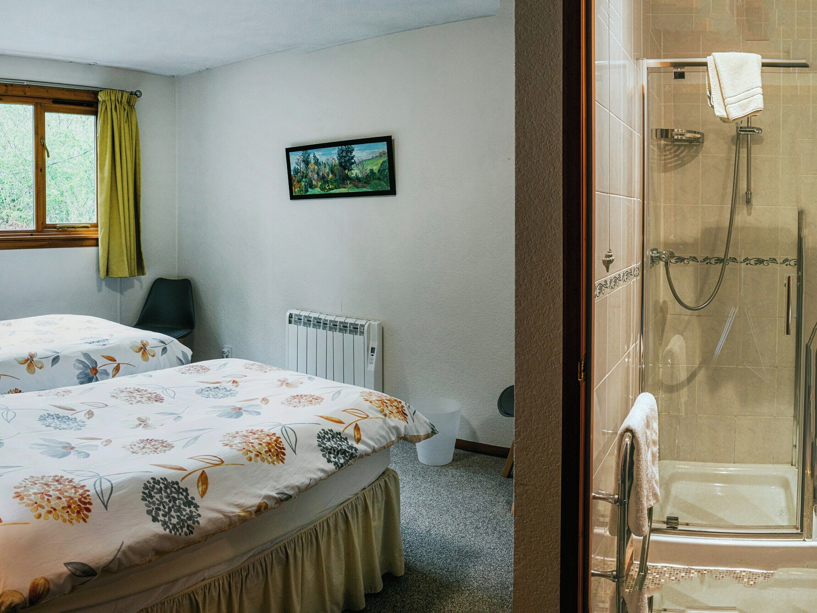 Habitación de hotel con dos camas, un radiador, una ventana con cortinas, un cuadro en la pared y zona de ducha.
