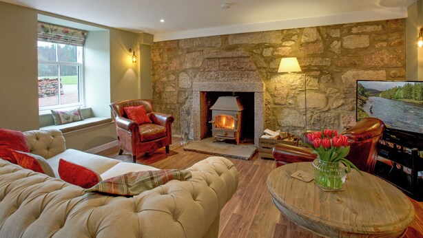 Una sala de estar acogedora con chimenea de piedra, asientos cómodos y televisión.