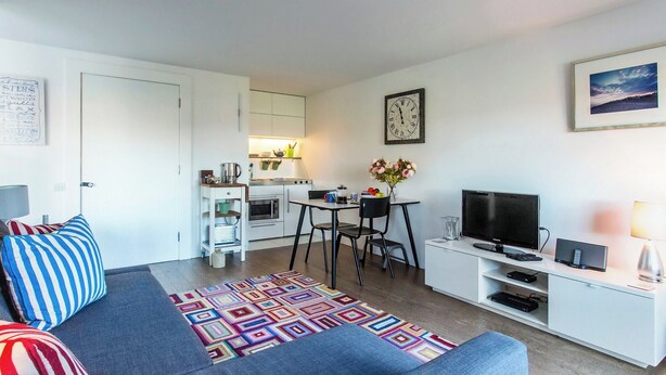 Een knus woongedeelte met een bank, een televisie, een klein keukenhoekje en een eettafel.