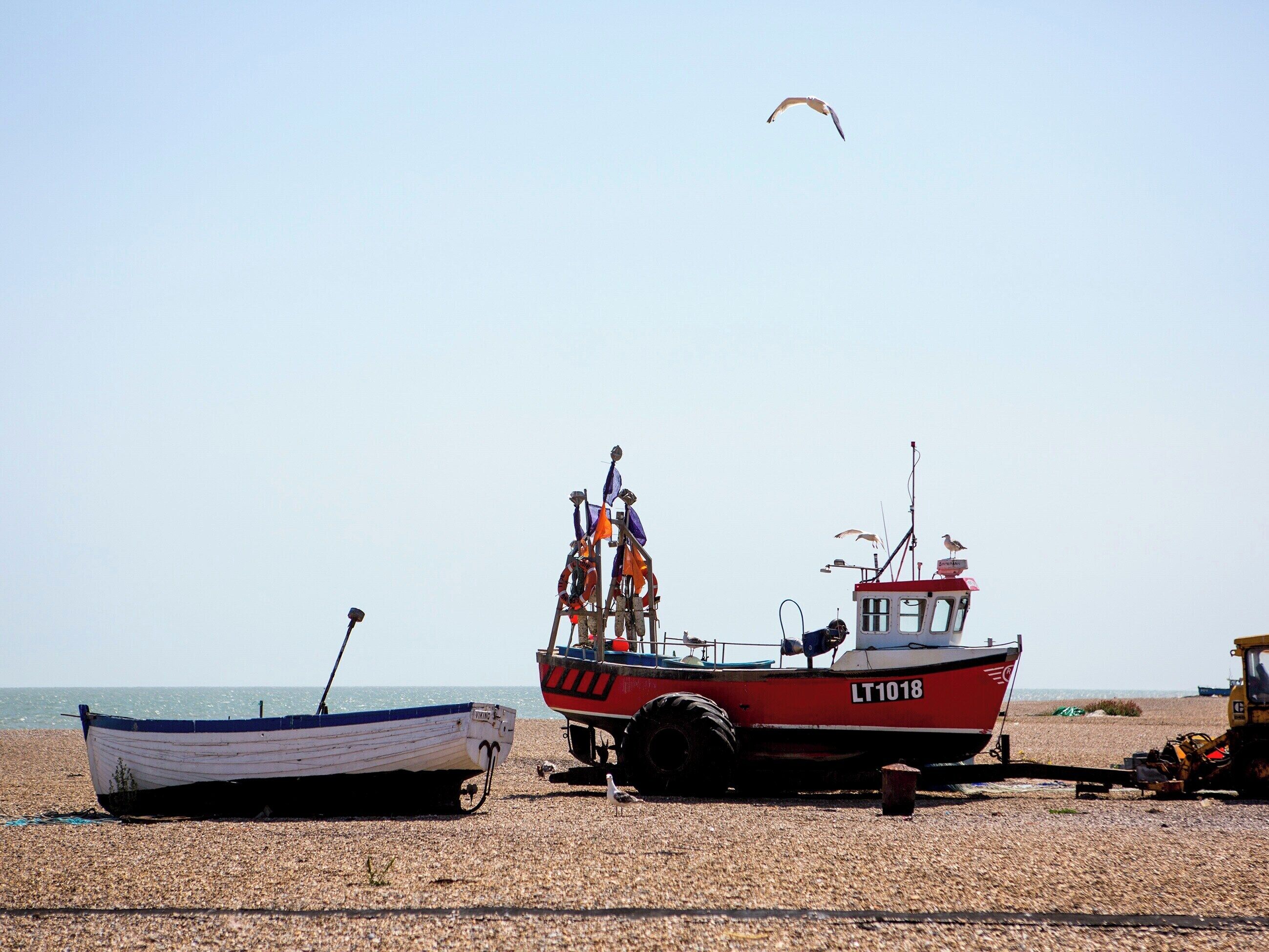 Een strand met twee boten, een witte en een rode, en een tractor aan de kust.
