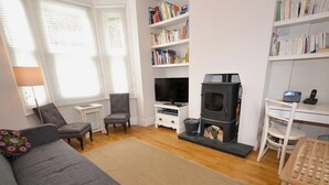 En hyggelig stue med en grå sofa, et grønt pled, en reol, et fjernsyn, en pejs og et træbord.