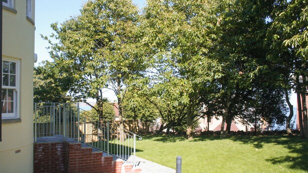 Un edificio con una scala in mattoni che conduce a una porta, immerso in un prato curato e alberi di grandi dimensioni.