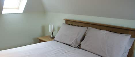 A bedroom with a bed, a nightstand, a lamp, and a skylight.