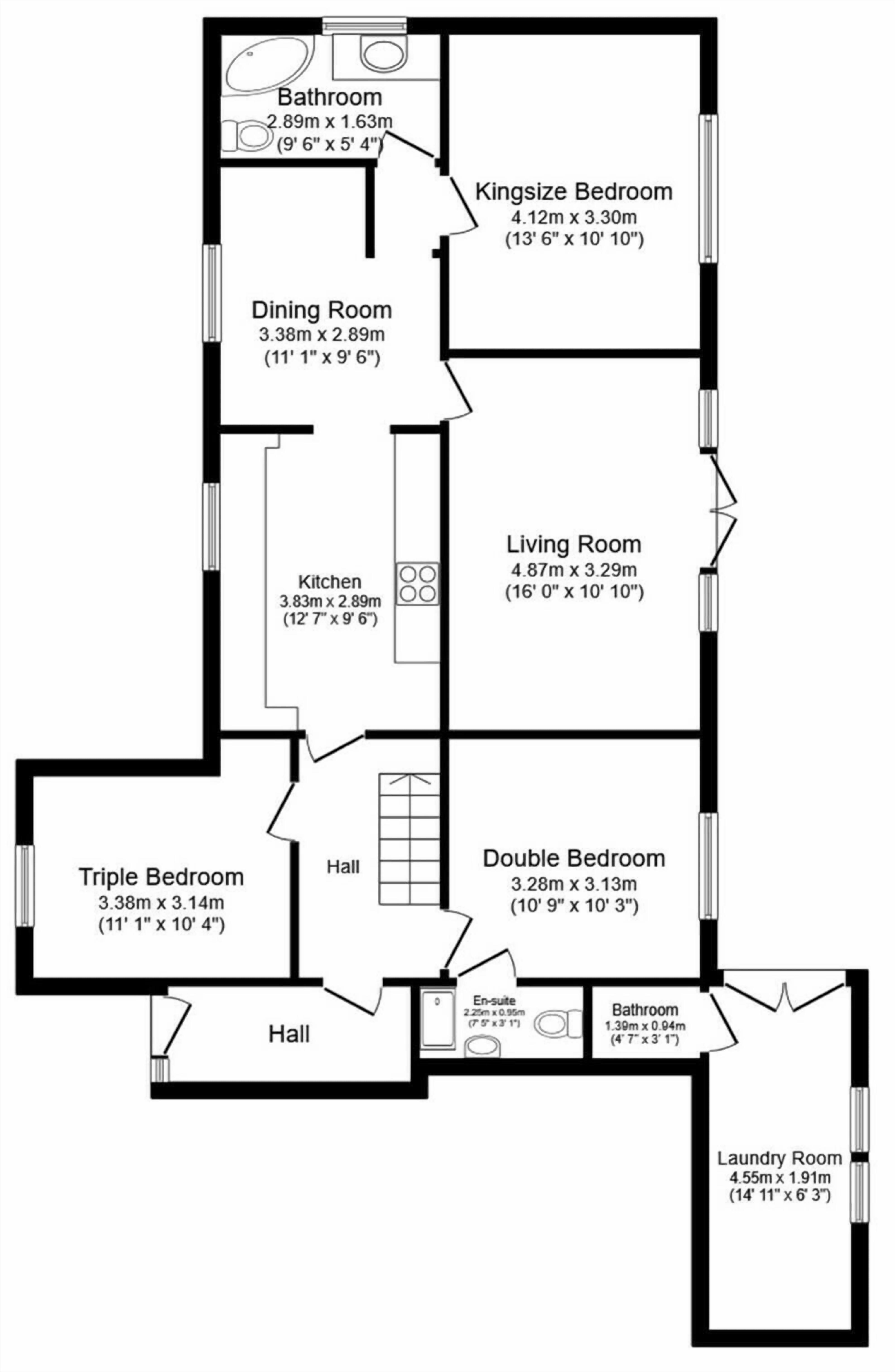 A floor plan of a hotel with a Kingsize Bedroom, Dining Room, Living Room, Kitchen, Triple Bedroom, Double Bedroom, Hall, and Laundry Room.