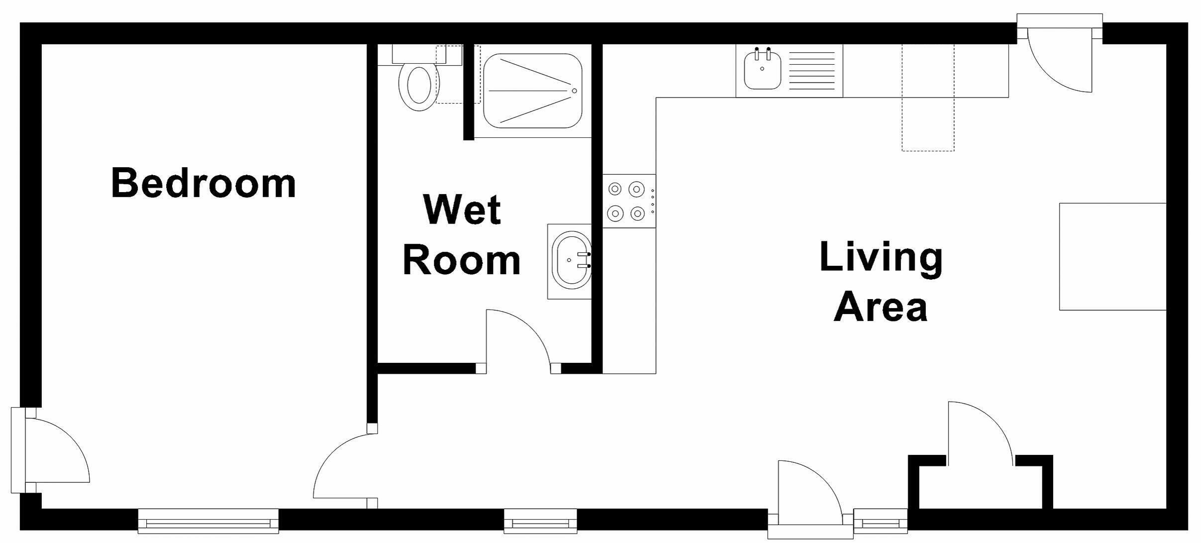 A floor plan with a bedroom, wet room, and living area.