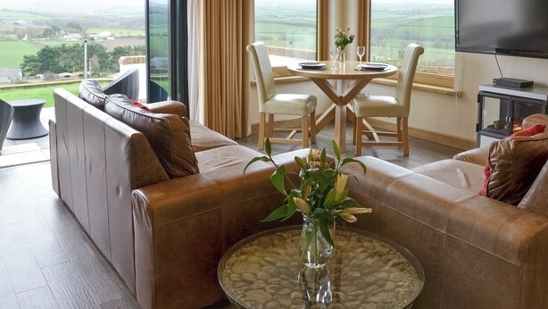 Ein Wohnzimmer mit einer Couch, einem Esstisch mit Stühlen, einem Fernseher und Blick ins Grüne.