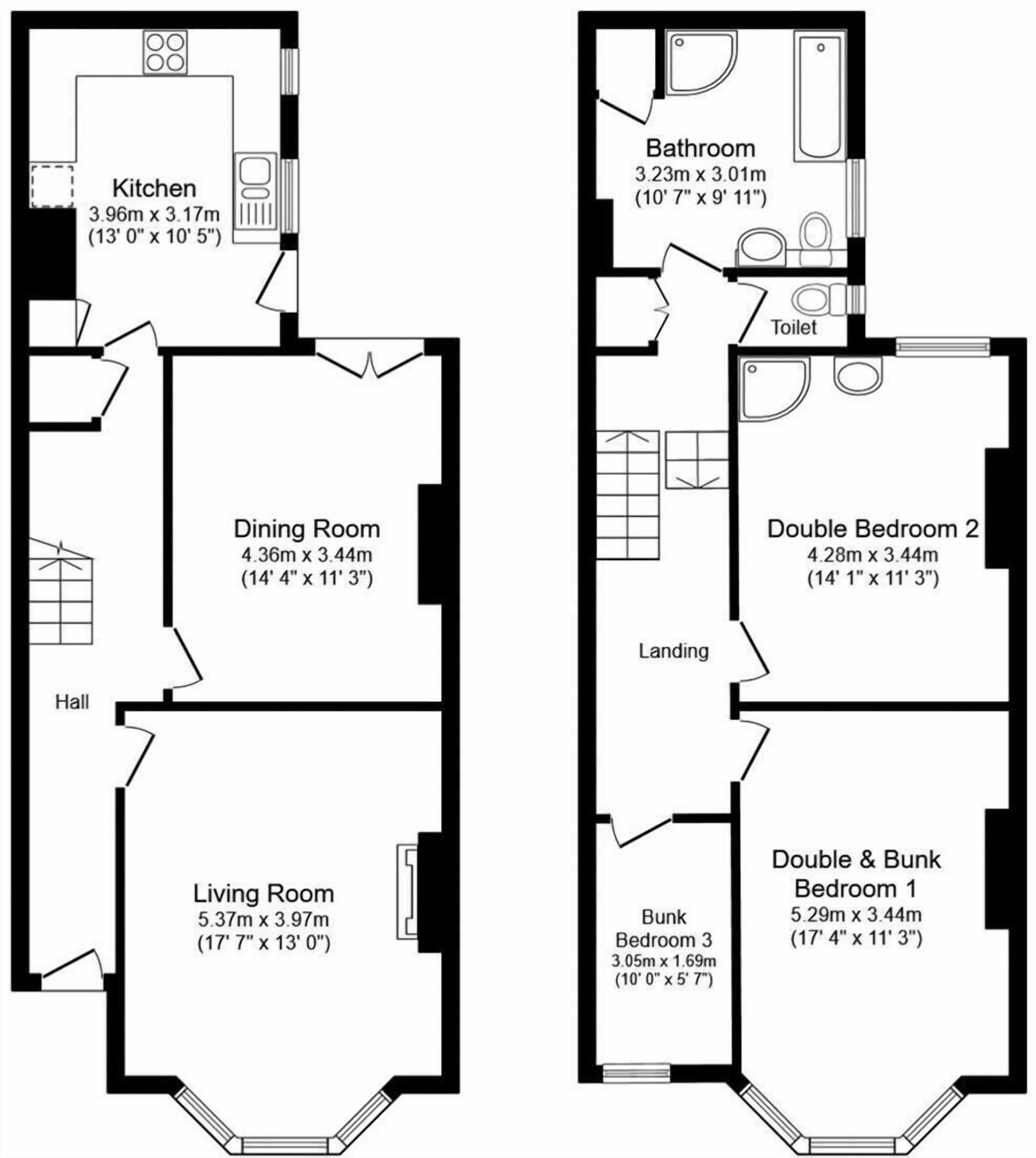 Een plattegrond van een huis met keuken, eetkamer, woonkamer, badkamer, slaapkamer met tweepersoonsbed en een slaapkamer met stapelbedden.
