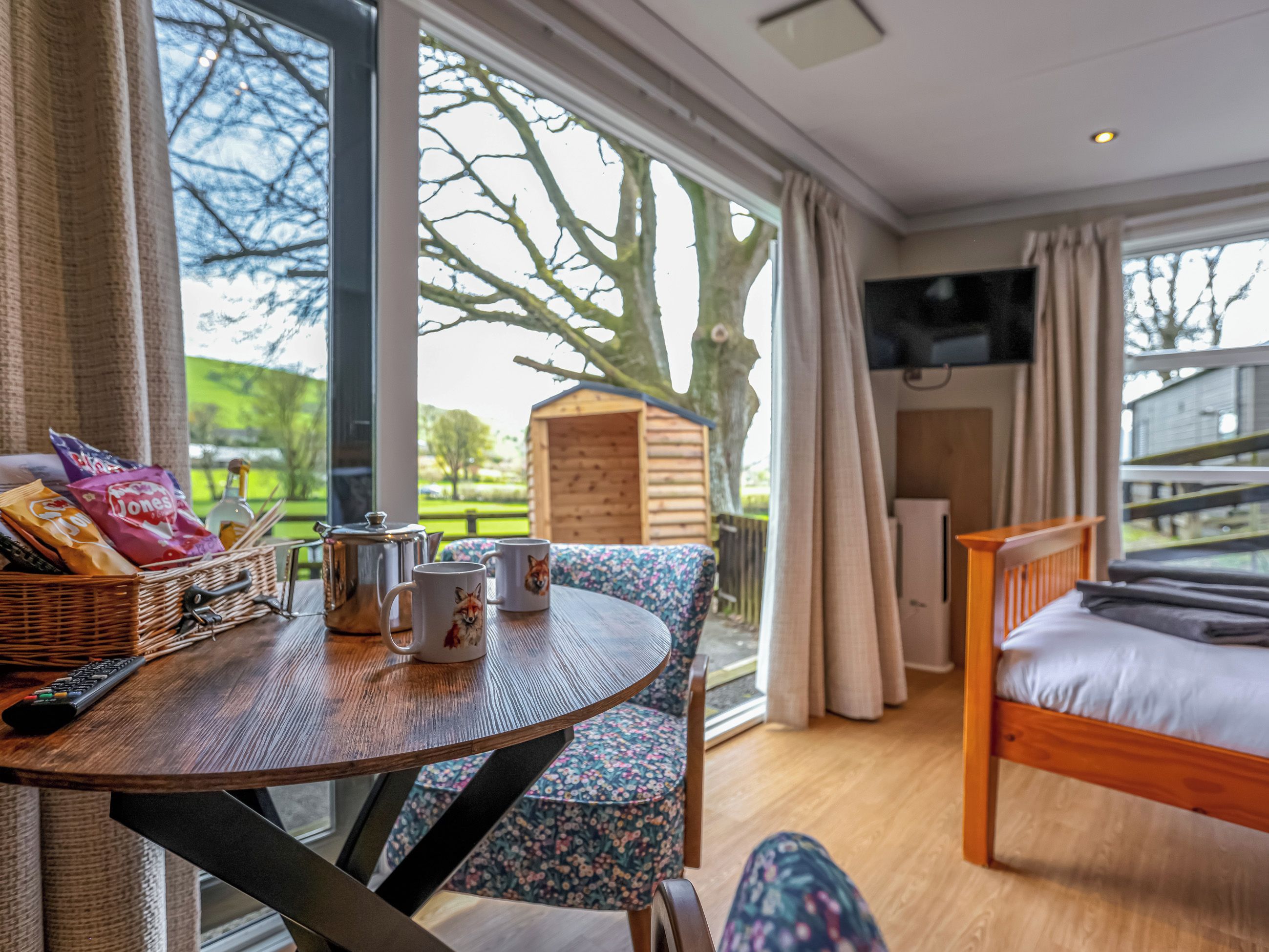 A room with a bed, a table with a basket of snacks, a kettle, and mugs, a television, and a view of the outdoors.
