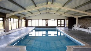 Ein überdachter Pool mit klarem Wasser, umgeben von Fenstern und Steinwänden.