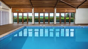 An indoor swimming pool with wooden ceiling beams, large windows with a view of greenery, and a tiled pool edge. - The Old Stables - UKC4806 (Bishops Nympton)