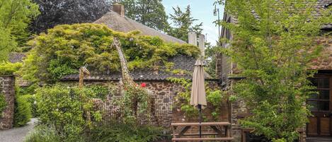A rustic outdoor area with a wooden bench, a pergola, and a brick building with ivy.