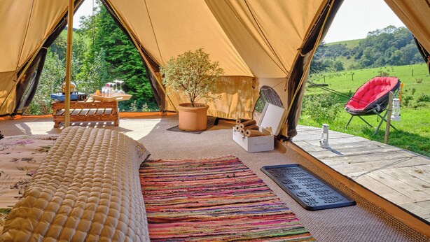 Ein gemütliches Zelt mit Bett, einem kleinen Tisch, einer Topfpflanze, einem Stuhl und Blick auf eine grüne Landschaft.