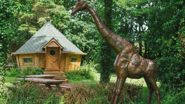 A giraffe statue in a natural setting with a wooden cabin in the background. - Number One - UKC4963 (Tawstock, near Barnstaple)
